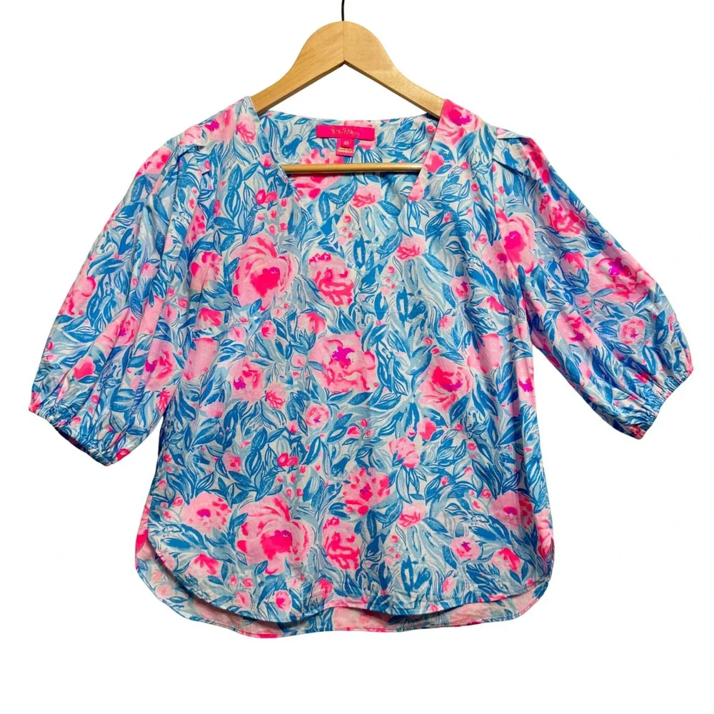 Lilly Pulitzer Ivee Top XS Bondi Blue Pink My Little Peony New‎ Floral V-Neck